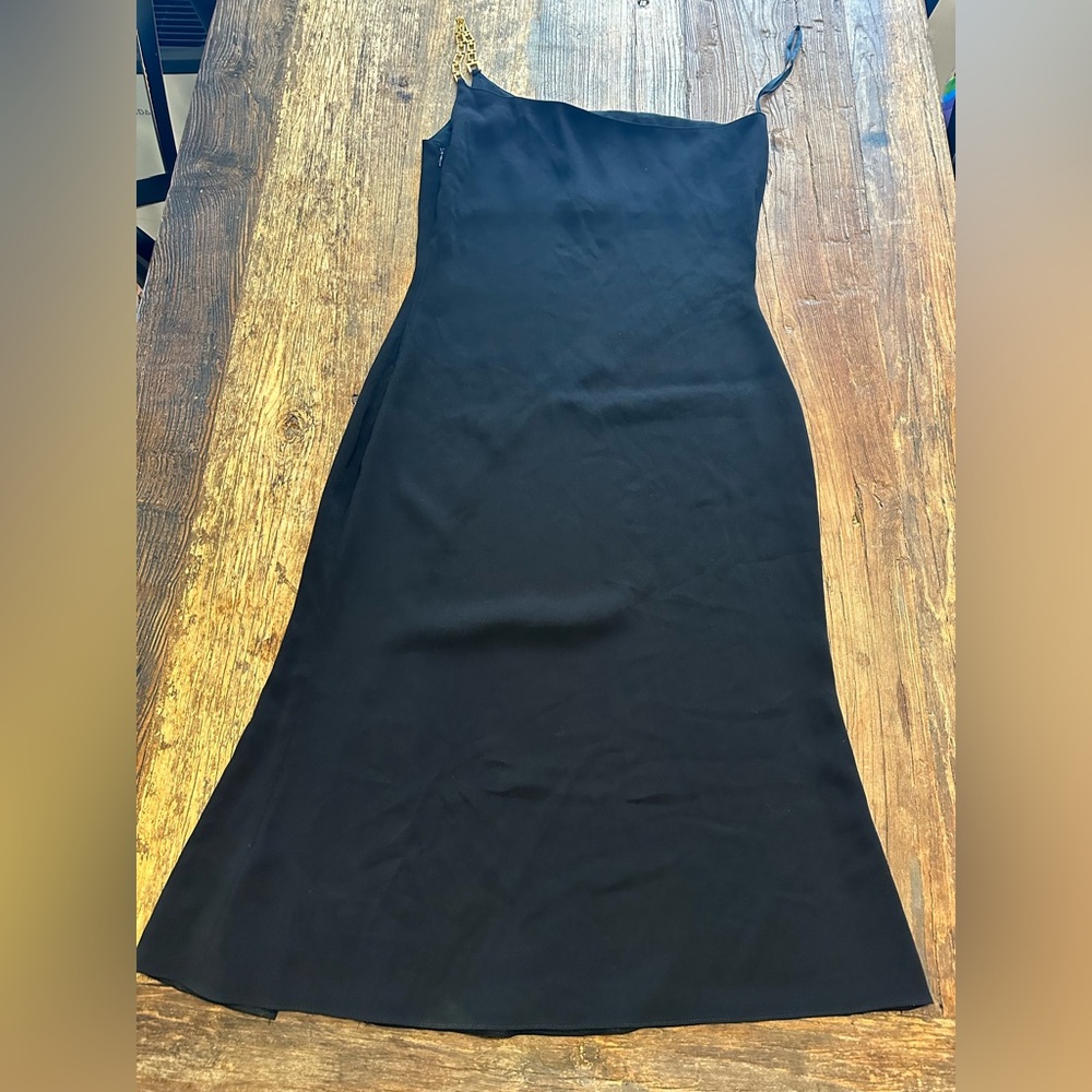 Vintage Y2k Tahari Black Dress with Gold strap asymmetrical flare midi